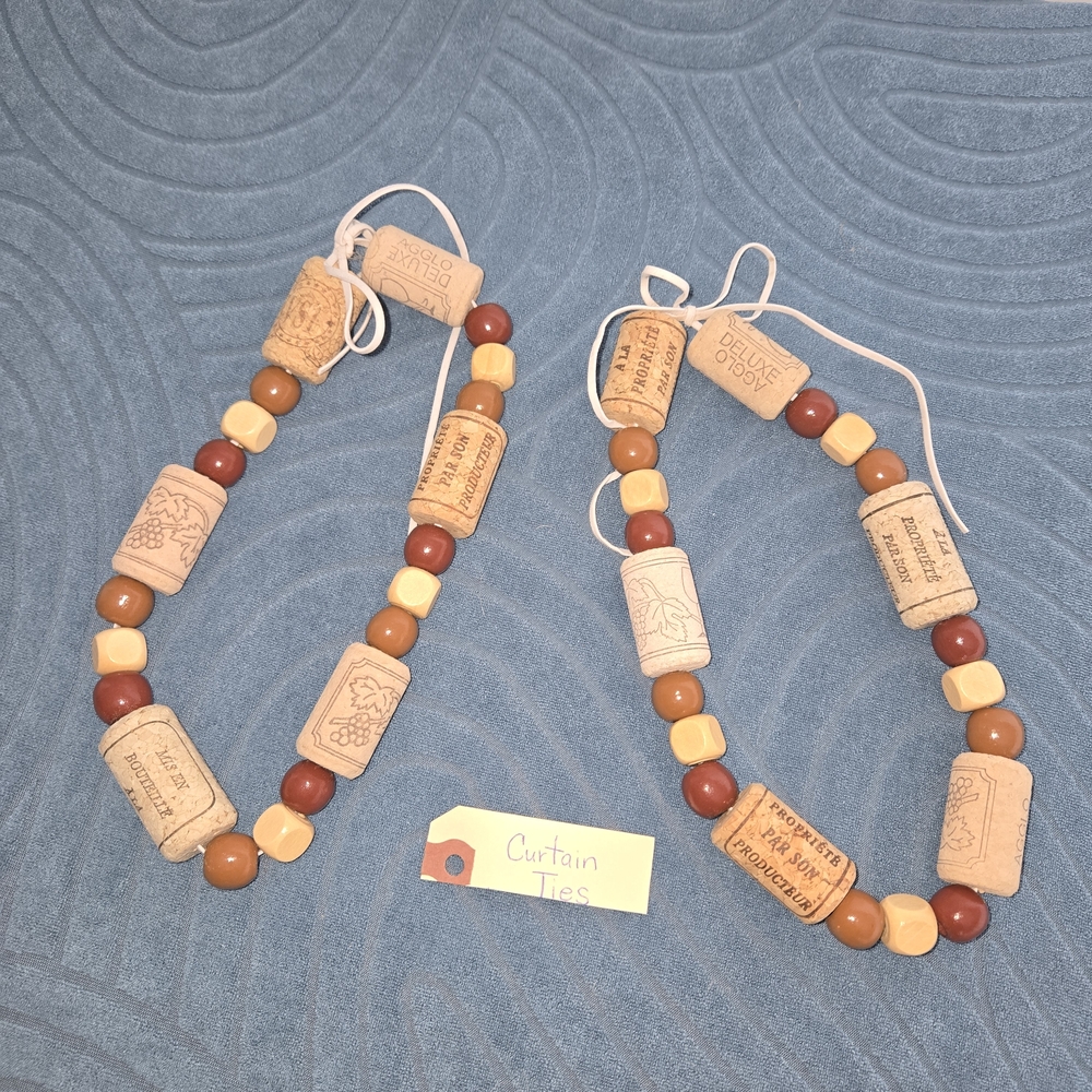 Hand Crafted Cork and Bead Curtain Tiebacks in Tan, Brown, Cream